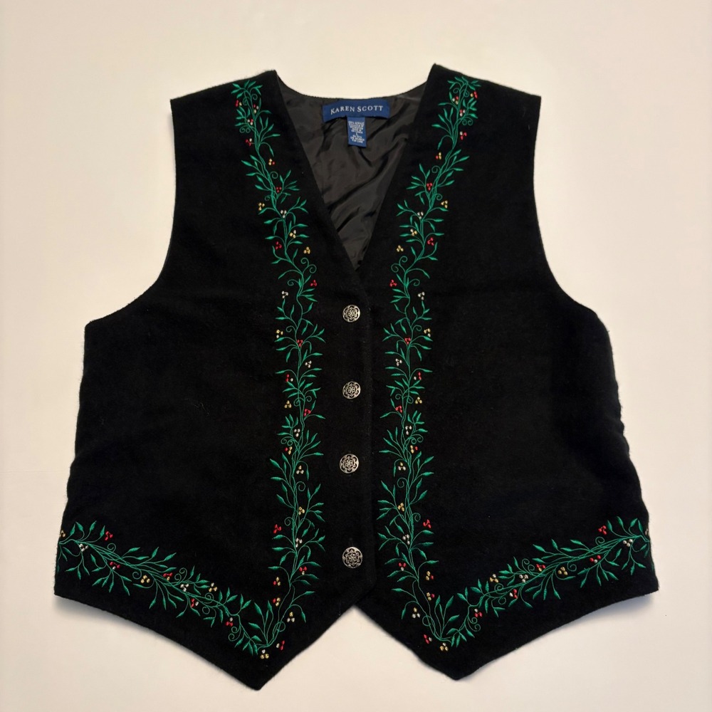 Karen Scott Vest Women Large Black Embroidered Floral Holiday Button Front Cinch